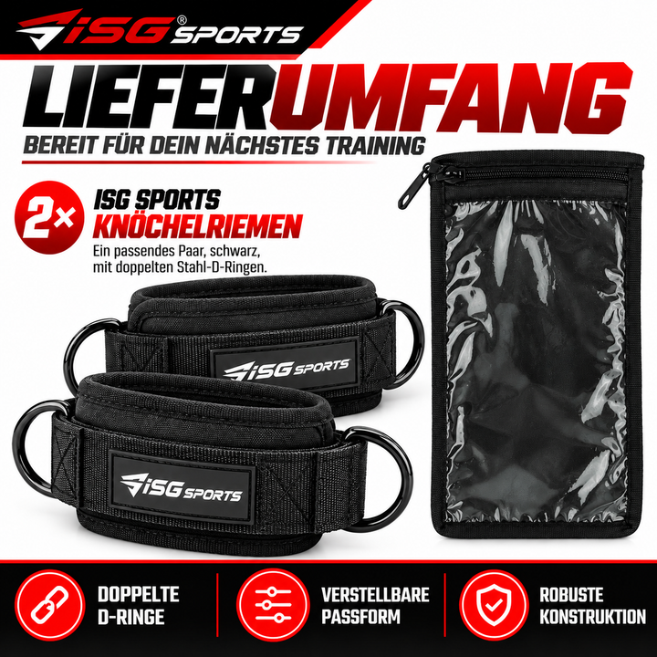 ISG Sports Schwarz Ankle Straps 7 mm Neopren, 27,94 cm Länge,Doppelte Stahl D-Ringe, Klettverschluss  Für Cross Training &amp; Beinpresse