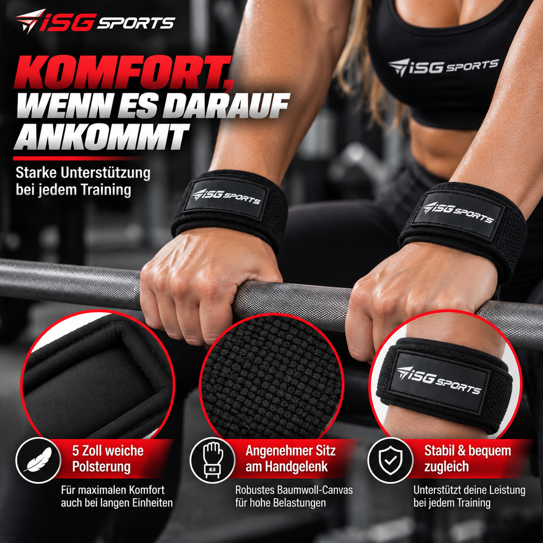 ISG Sports Lifting Straps Schwarz Gel-Dotted Baumwoll-Handgelenkstraps für Deadlifts, Rows &amp; Zugübungen Stabilität &amp; Komfort