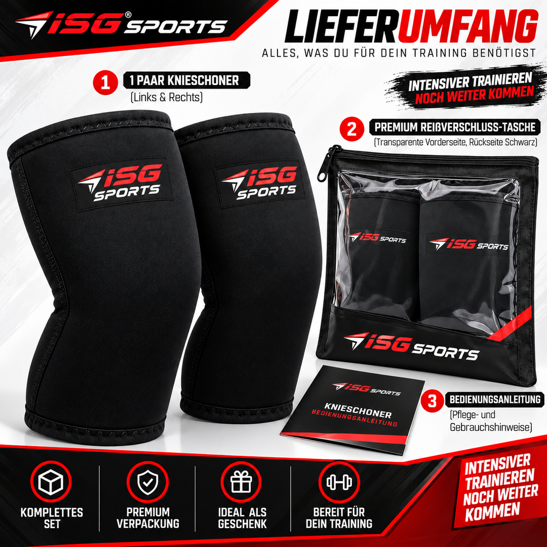ISG Sports Premium Schwarz  Knieschoner 7 mm Neopren Größe L 30 cm Länge,470 g pro Paar Für Gewichtheben &amp; Krafttraining