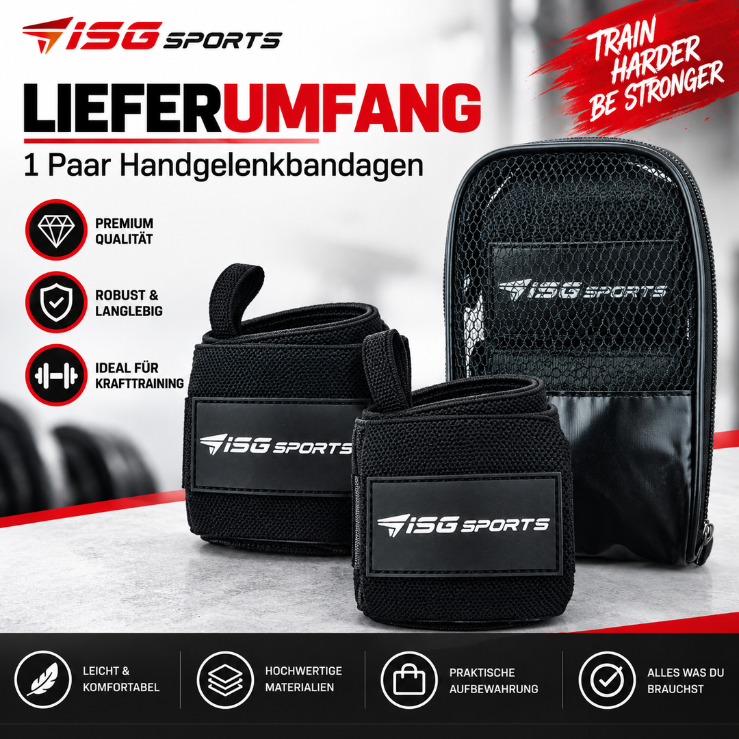 ISG Sports Heavy-Duty Wrist Wraps Schwarz Handgelenkbandagen mit Daumenschlaufe &amp; Klettverschluss für maximale Unterstützung
