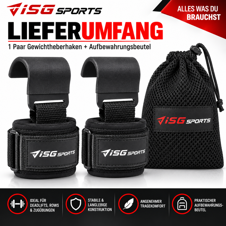 ISG sports Lifting Hooks Schwarz – Premium Hebehaken aus Stahl mit gepolsterten Handgelenkriemen – Griffhilfe für Kreuzheben, Rudern, Klimmzüge &amp; Krafttraining