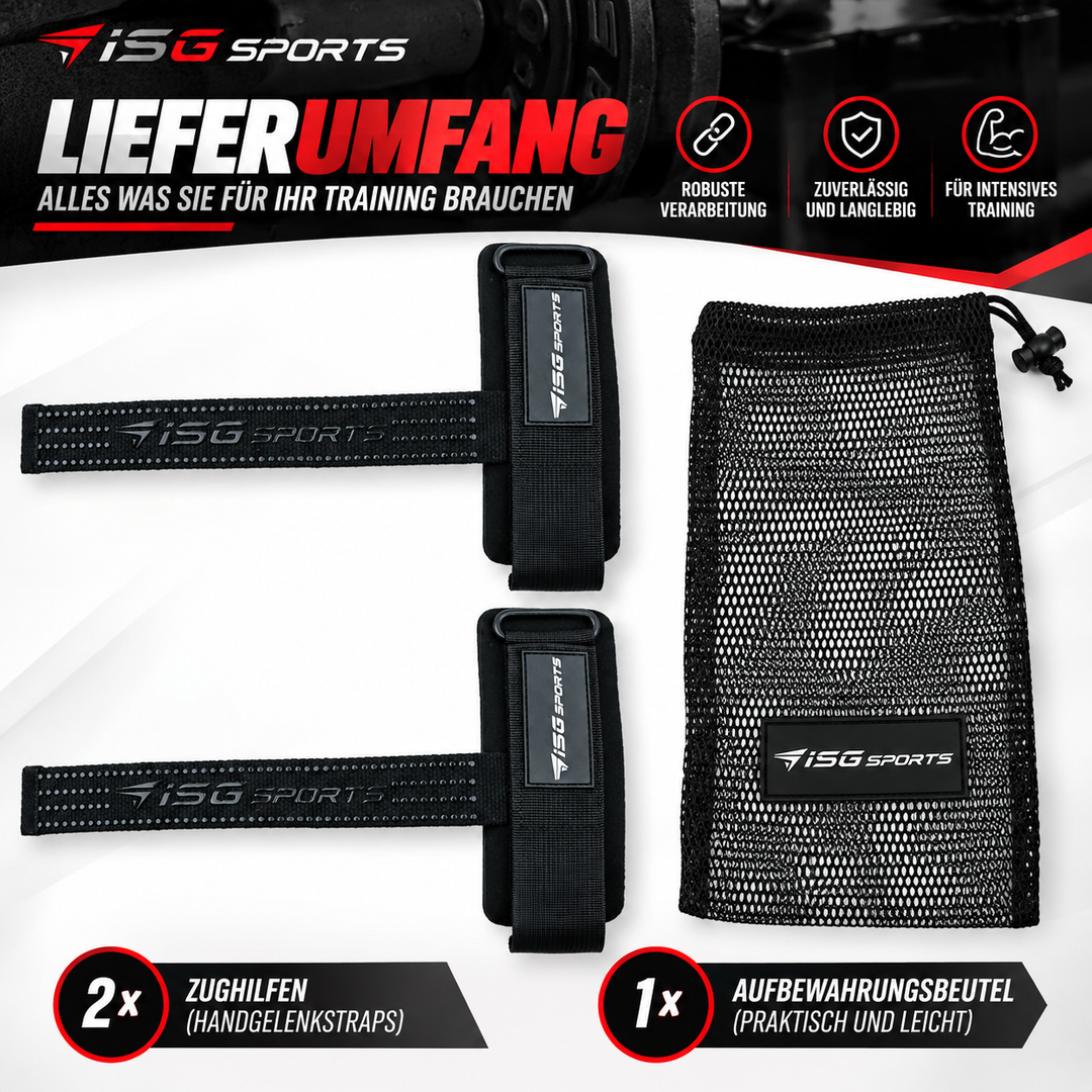 ISG Sports Weightlifting Straps Schwarz Non-Slip Handgelenkstraps mit Stahlschnalle &amp; 7 mm Polsterung maximale Kontrolle