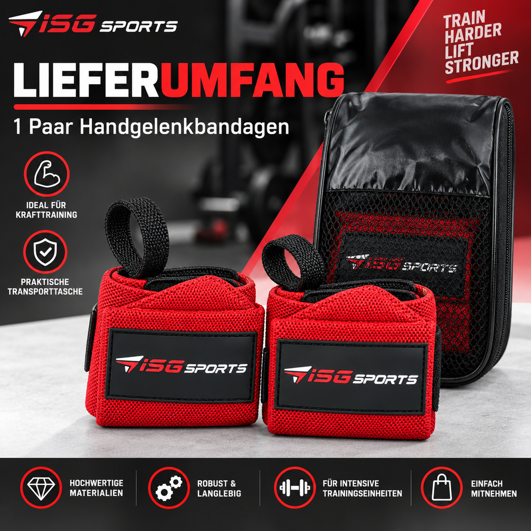 ISG Sports Heavy-Duty Wrist Wraps Rot Handgelenkbandagen mit Daumenschlaufe &amp; Klettverschluss für maximale Unterstützung