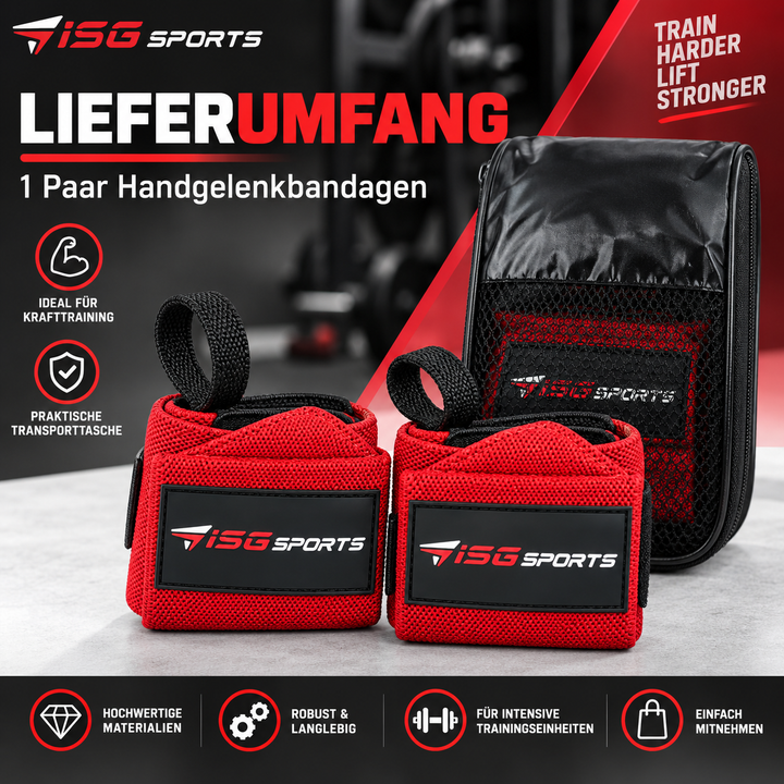 ISG Sports Heavy-Duty Wrist Wraps Rot Handgelenkbandagen mit Daumenschlaufe &amp; Klettverschluss für maximale Unterstützung