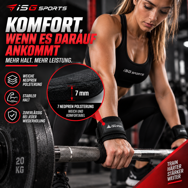 ISG Sports Weightlifting Straps Schwarz Non-Slip Handgelenkstraps mit Stahlschnalle &amp; 7 mm Polsterung maximale Kontrolle