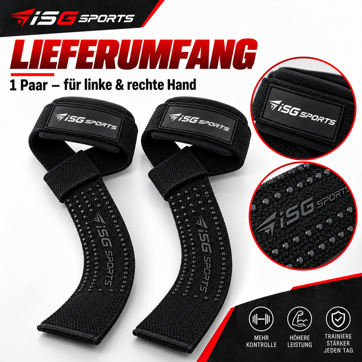 ISG Sports Lifting Straps Schwarz Gel-Dotted Baumwoll-Handgelenkstraps für Deadlifts, Rows &amp; Zugübungen Stabilität &amp; Komfort