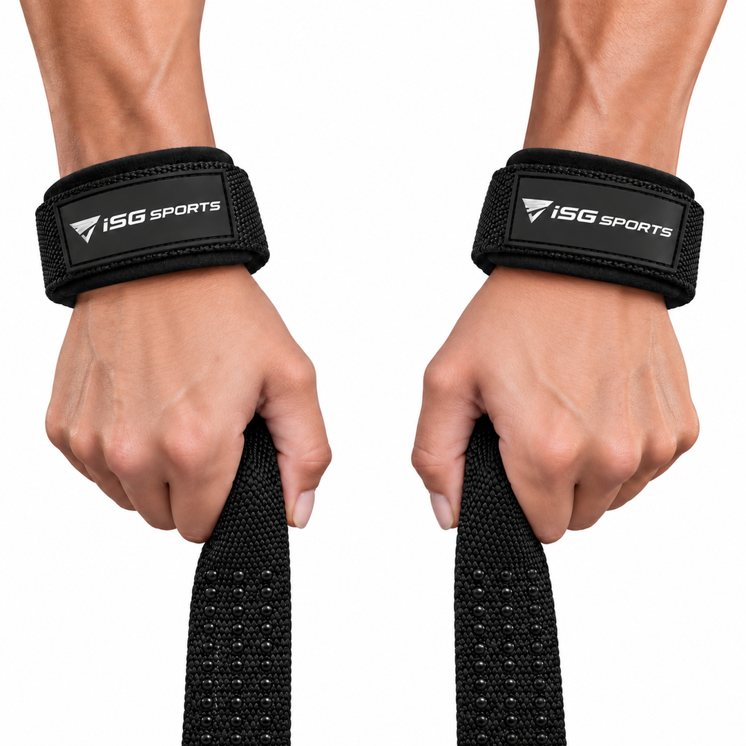 ISG Sports Lifting Straps Schwarz Gel-Dotted Baumwoll-Handgelenkstraps für Deadlifts, Rows &amp; Zugübungen Stabilität &amp; Komfort