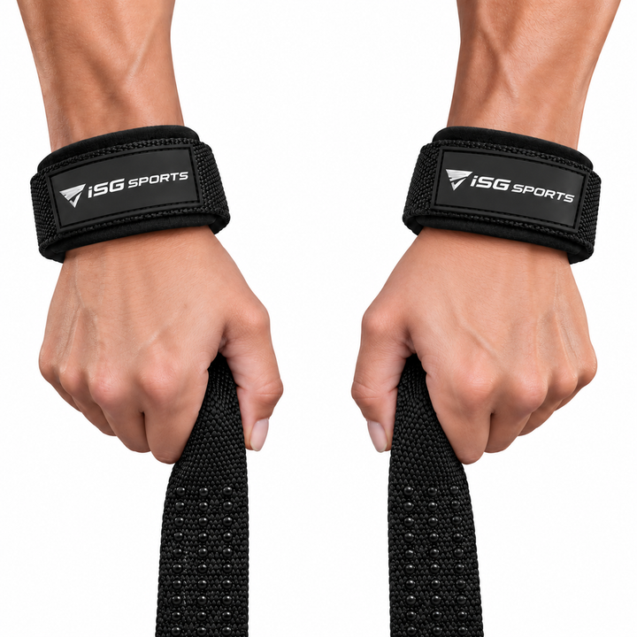 ISG Sports Lifting Straps Schwarz Gel-Dotted Baumwoll-Handgelenkstraps für Deadlifts, Rows &amp; Zugübungen Stabilität &amp; Komfort