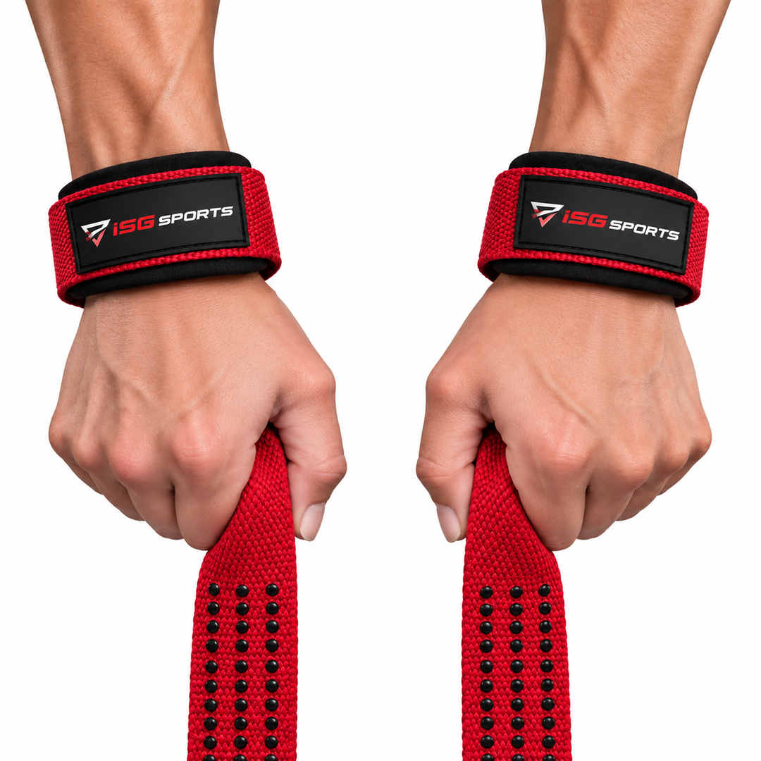 ISG Sports Lifting Straps Rot Handgelenkstraps mit Grip-Punkten für Deadlifts, Rows &amp; Zugübungen Komfort &amp; maximale Leistung