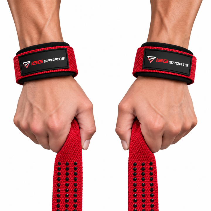 ISG Sports Lifting Straps Rot Handgelenkstraps mit Grip-Punkten für Deadlifts, Rows &amp; Zugübungen Komfort &amp; maximale Leistung