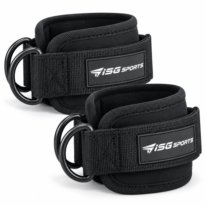 ISG Sports Schwarz Ankle Straps 7 mm Neopren, 27,94 cm Länge,Doppelte Stahl D-Ringe, Klettverschluss  Für Cross Training &amp; Beinpresse