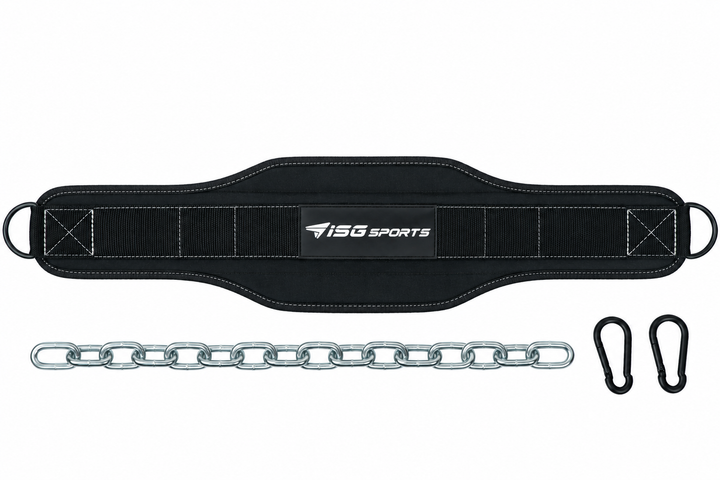 ISG Sports Dip Gürtel – 84 cm Länge, 10 cm Seitenbreite 100 % Polyester, Neopren, Stahlkette 80 cm &amp; 2 Karabiner – Für Dips &amp; Klimmzüge