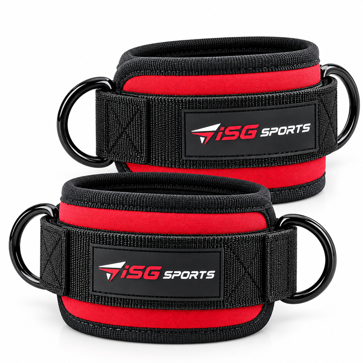 ISG Sports Rote Knöchel Straps 7mm Neopren 27,94 cm Länge, Doppelte Stahl-D-Ringe &amp; Klettverschluss Perfekt Für Glute Kickbacks, Hip Abductions &amp; Cable Leg Exercises Kniebeugen